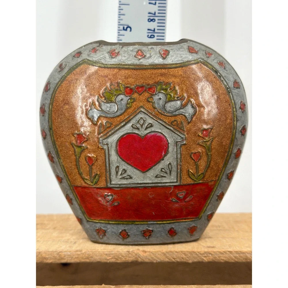 Vintage Solid Brass Enamel Bud Vase India Folk Art Doves Heart House Copper Red